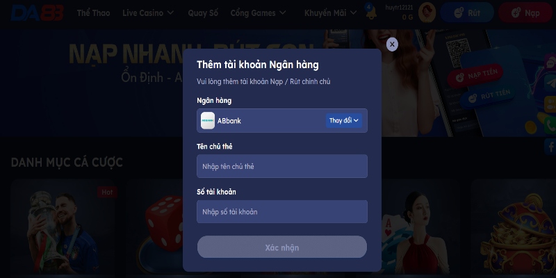 Nạp rút tiền DA88 chỉ với 3 bước đơn giản 1 Phương thức nạp rút tiền Da88 qua ngân hàng